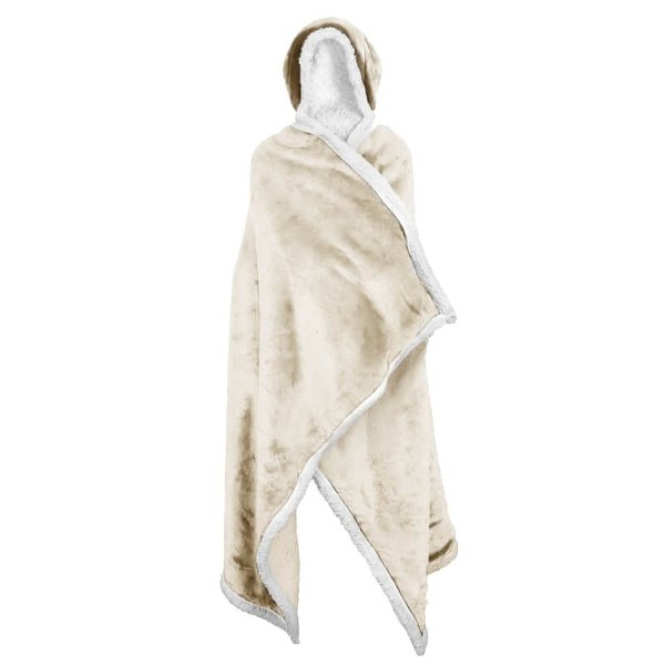 שמיכת חיבוק עם קפוצ'ון בצבעים שחור, בז' ואפור מבד קורל פליז רך עם בטנה לבנה מחממת.